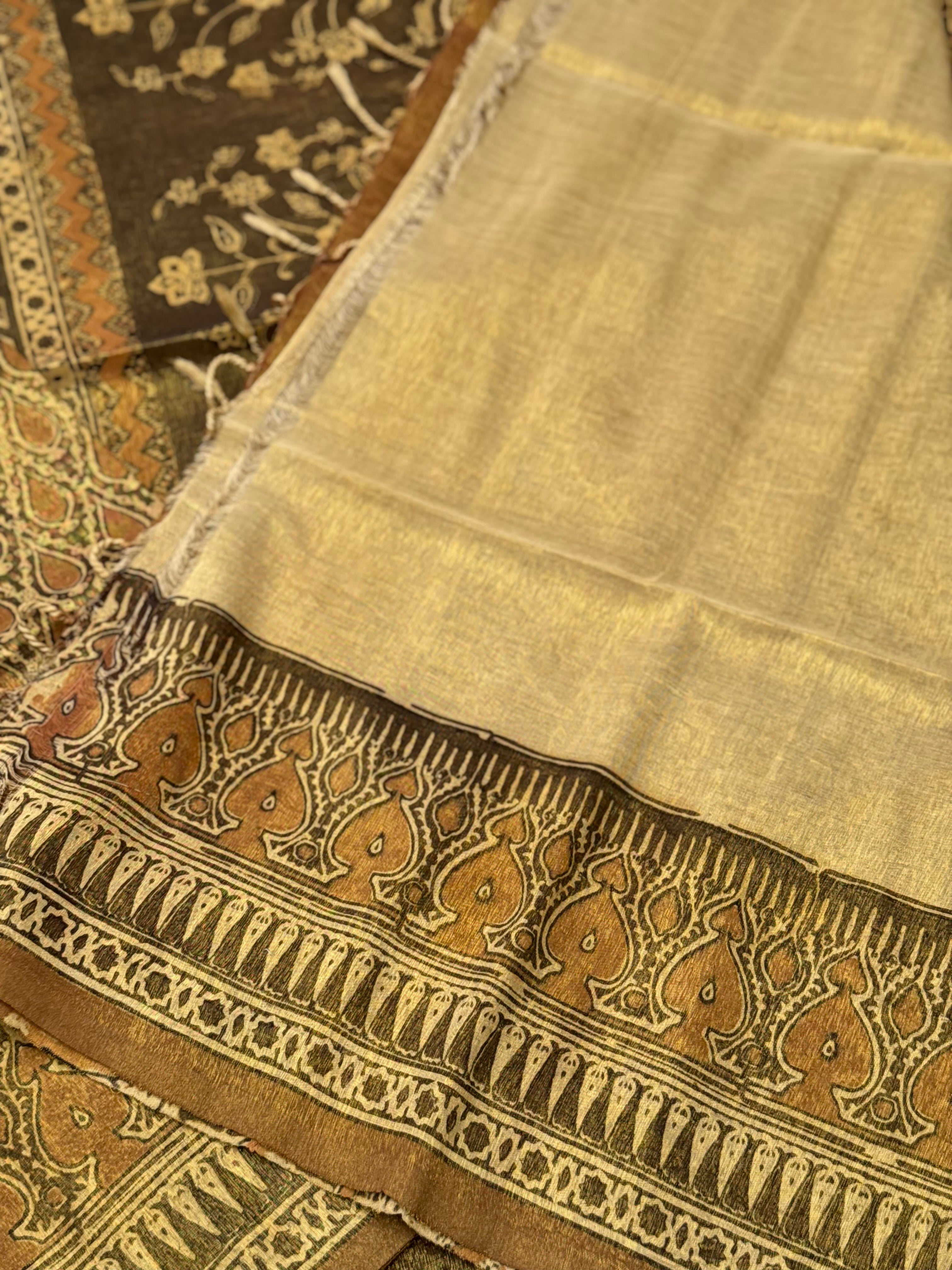 EYARKAI - NATURAL DYE KODALIKARUPPUR BLOCK PRINTS ON TISSUE ZARI GROUNDED COTTON SAREE