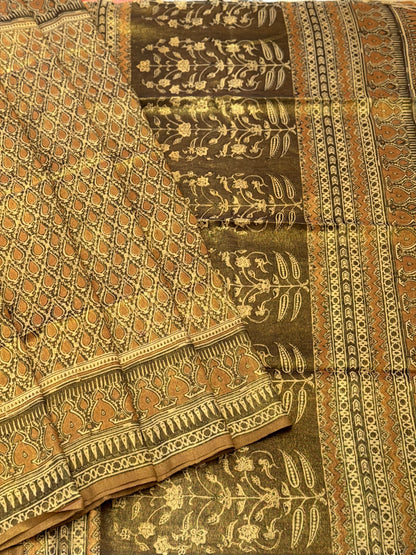 EYARKAI - NATURAL DYE KODALIKARUPPUR BLOCK PRINTS ON TISSUE ZARI GROUNDED COTTON SAREE