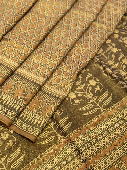 EYARKAI - NATURAL DYE KODALIKARUPPUR BLOCK PRINTS ON TISSUE ZARI GROUNDED COTTON SAREE