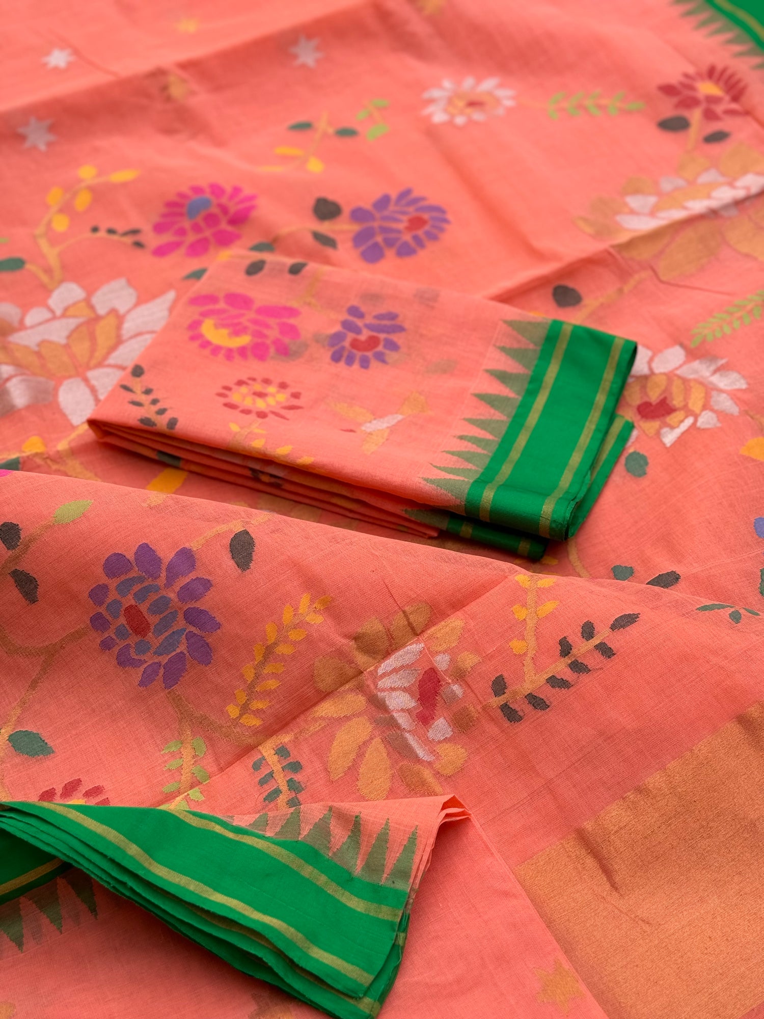 A gorgeous handspun ponduru khadhi jamdani cotton saree full jaal pallu and blouse