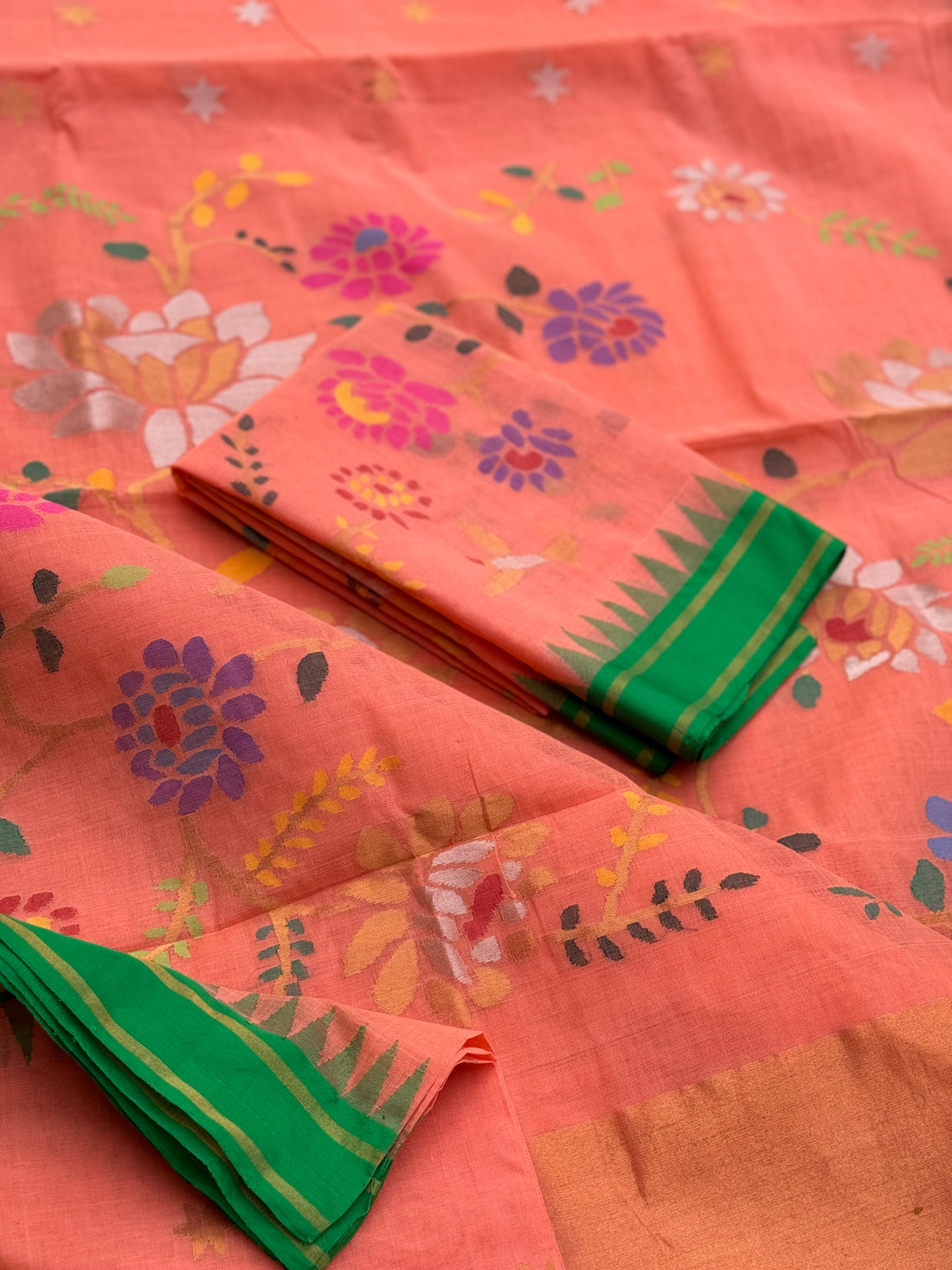 A gorgeous handspun ponduru khadhi jamdani cotton saree full jaal pallu and blouse