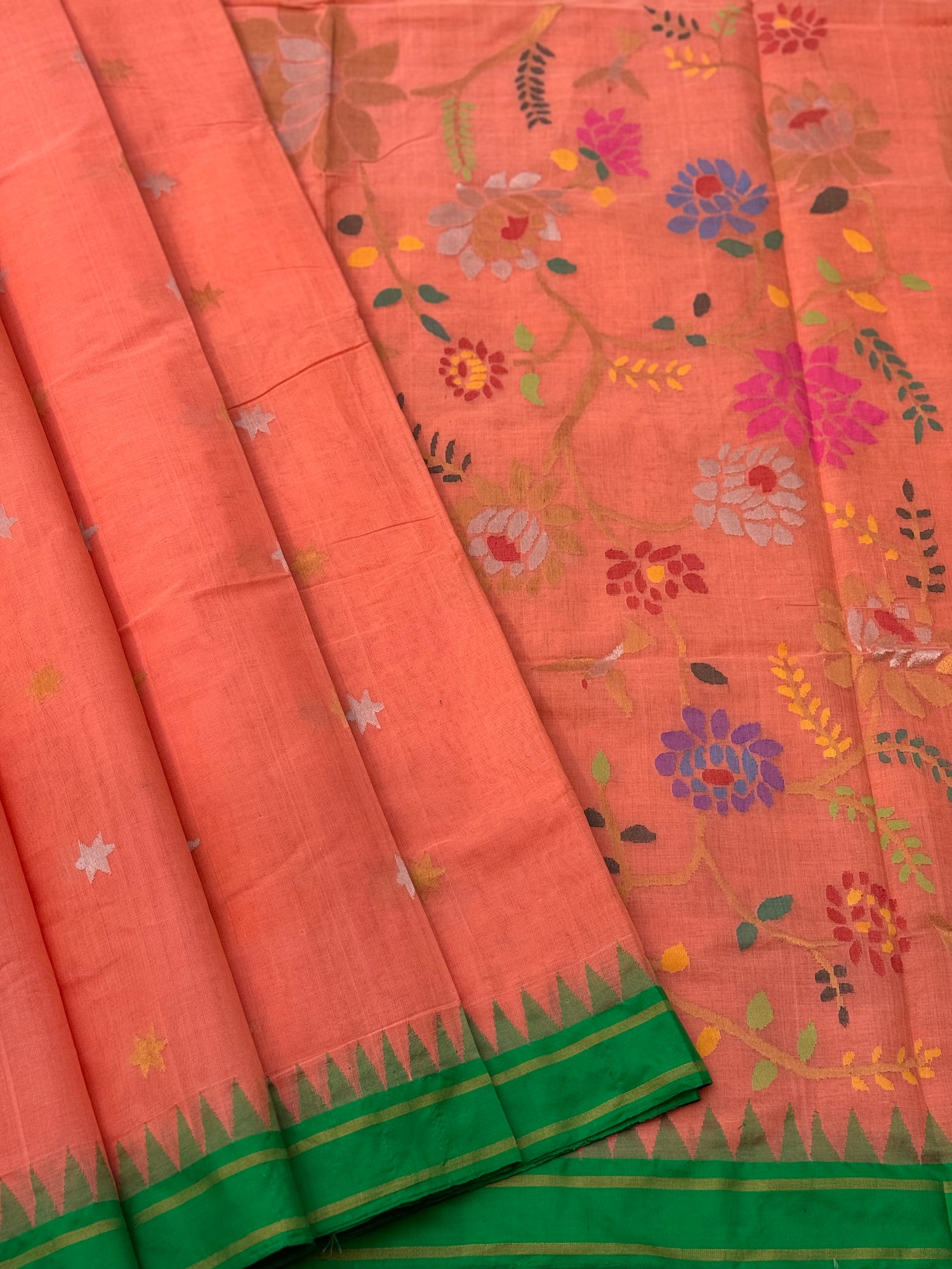 A gorgeous handspun ponduru khadhi jamdani cotton saree full jaal pallu and blouse