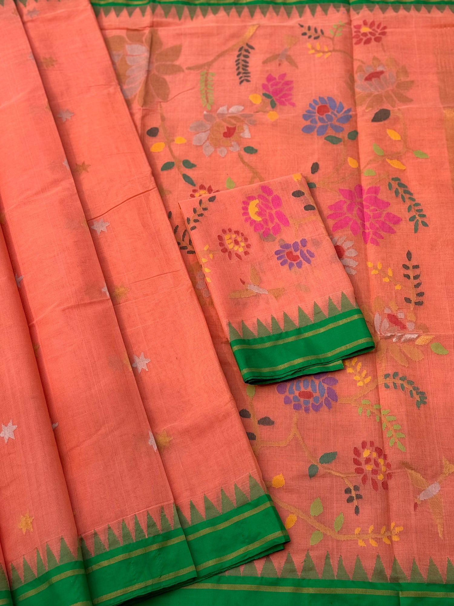 A gorgeous handspun ponduru khadhi jamdani cotton saree full jaal pallu and blouse