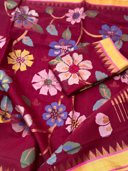 A gorgeous handspun ponduru khadhi jamdani cotton saree full jaal pallu and blouse