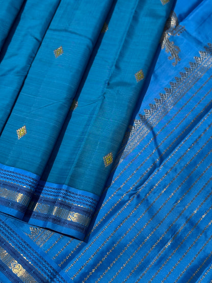 A deep blue meenpettu border kanchivaram silk with a classic kili pallu