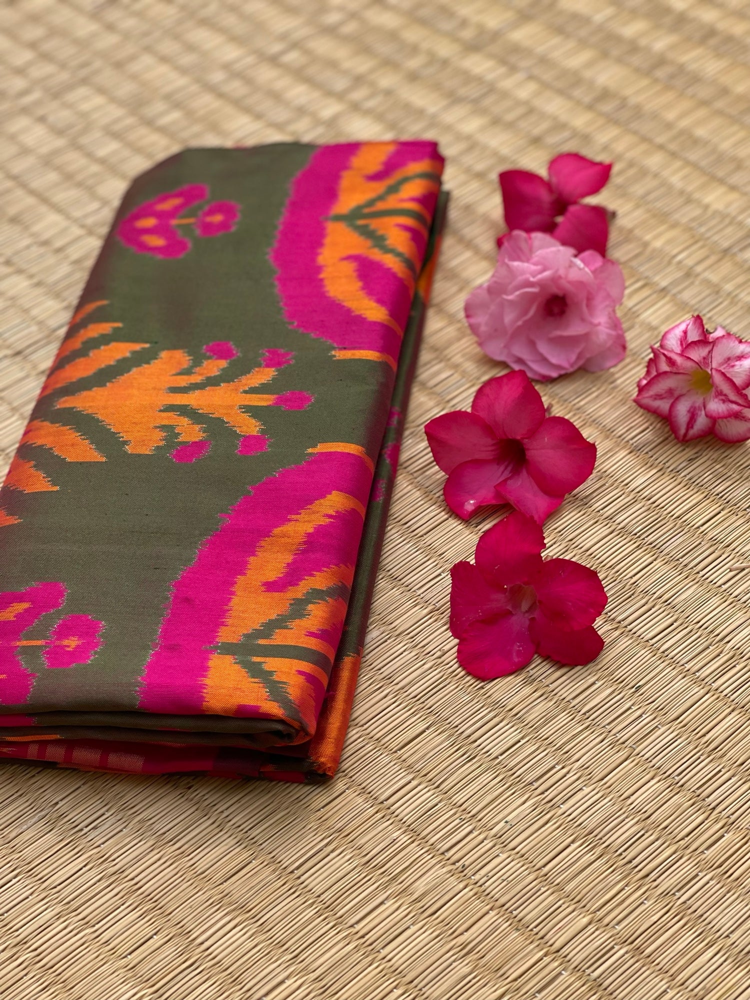 Designer Exclusive Vintage Uzbek Inspired Silk Ikkat With Tulip Motifs And Zari Pinstripe Saree
