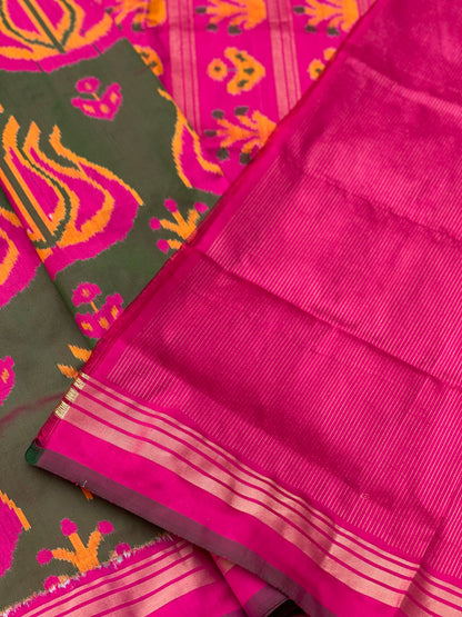 Designer Exclusive Vintage Uzbek Inspired Silk Ikkat With Tulip Motifs And Zari Pinstripe Saree