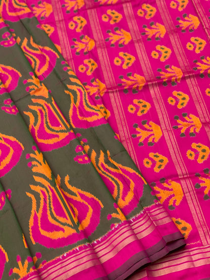 Designer Exclusive Vintage Uzbek Inspired Silk Ikkat With Tulip Motifs And Zari Pinstripe Saree