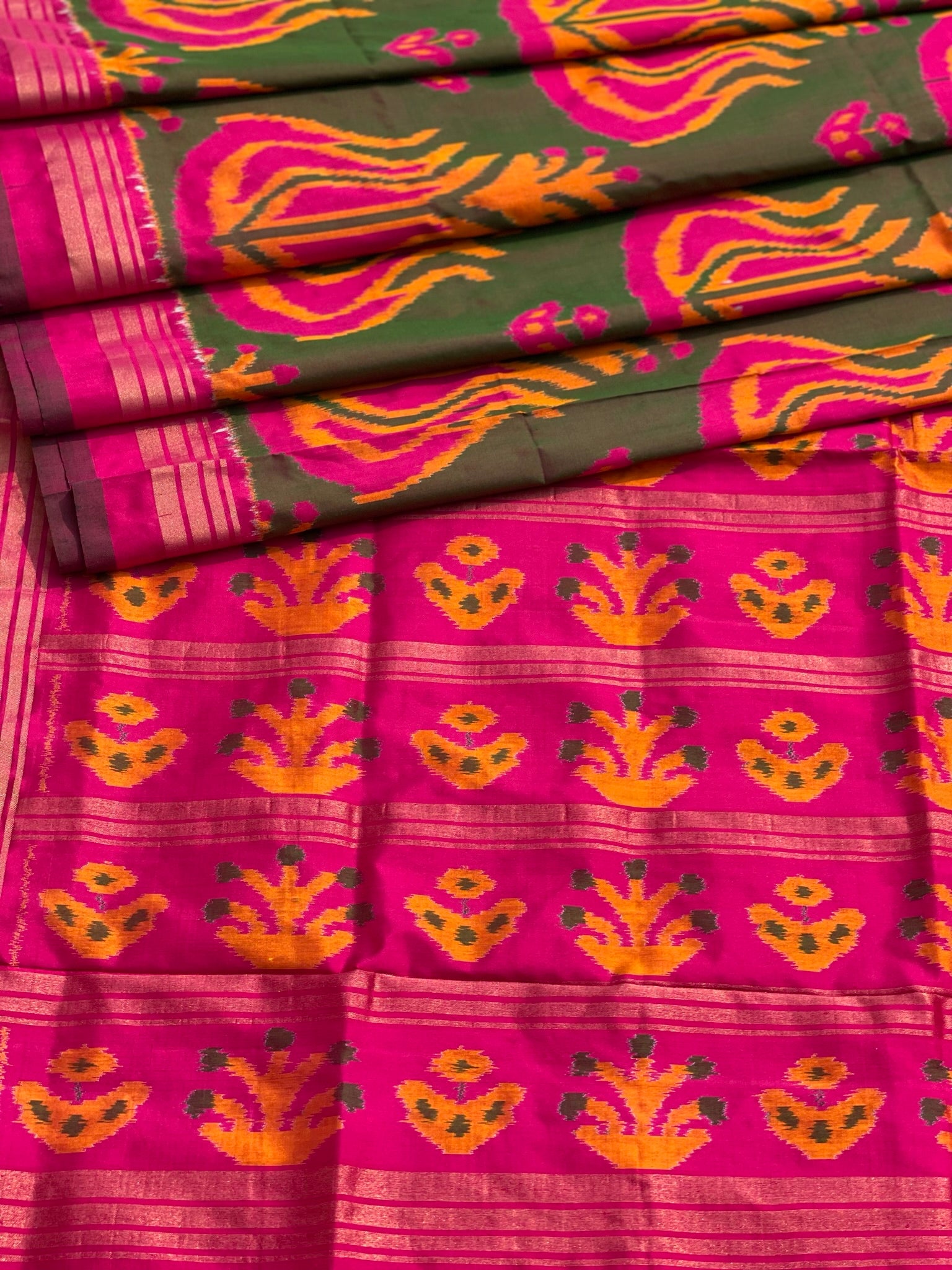 Designer Exclusive Vintage Uzbek Inspired Silk Ikkat With Tulip Motifs And Zari Pinstripe Saree