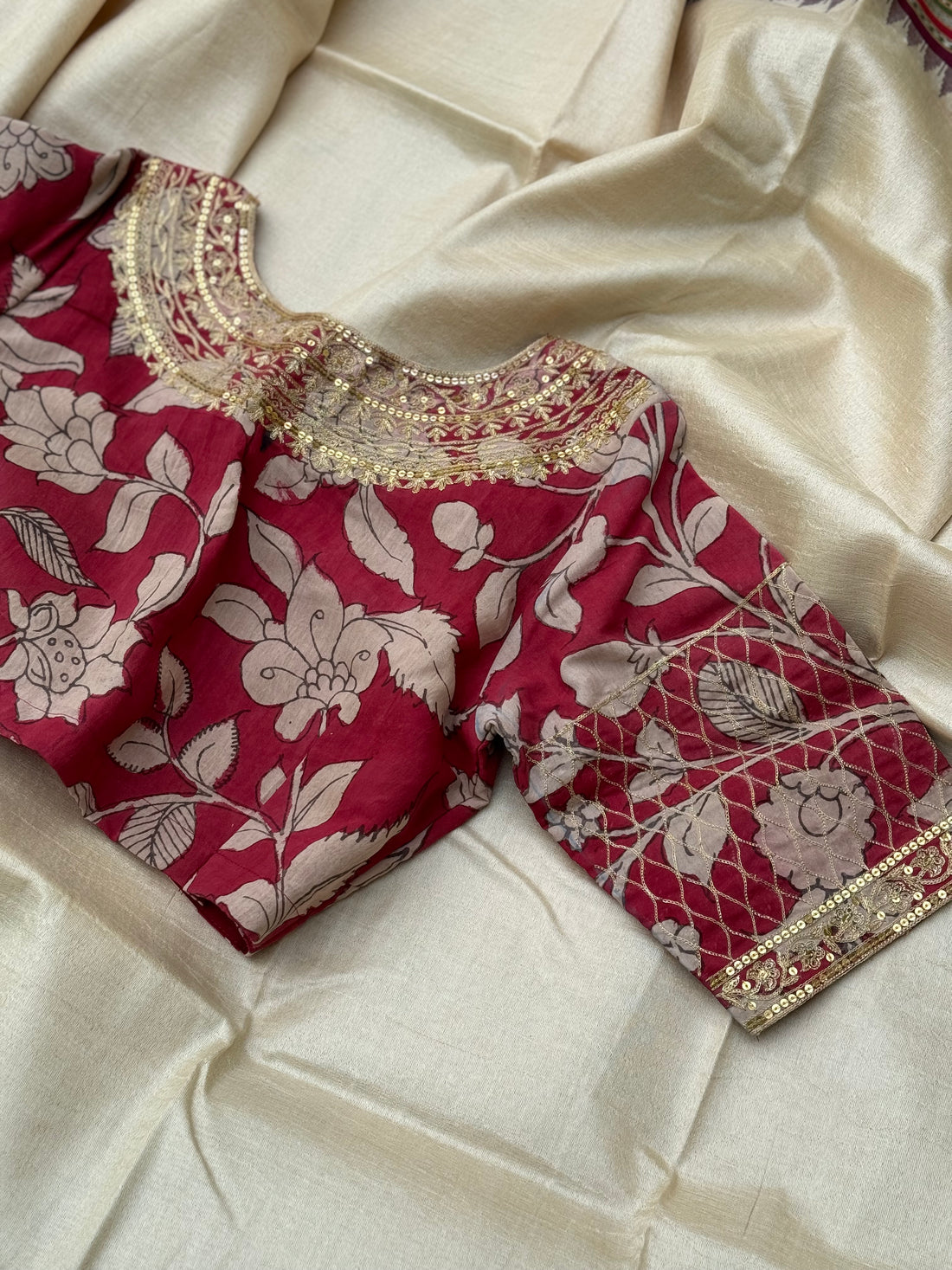 Deep burgundy shade handdrawn hand painted penkalamkari silk designer blouse