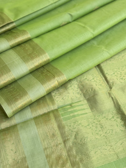 A gorgeous Chartreuse green kanchi silk cotton saree