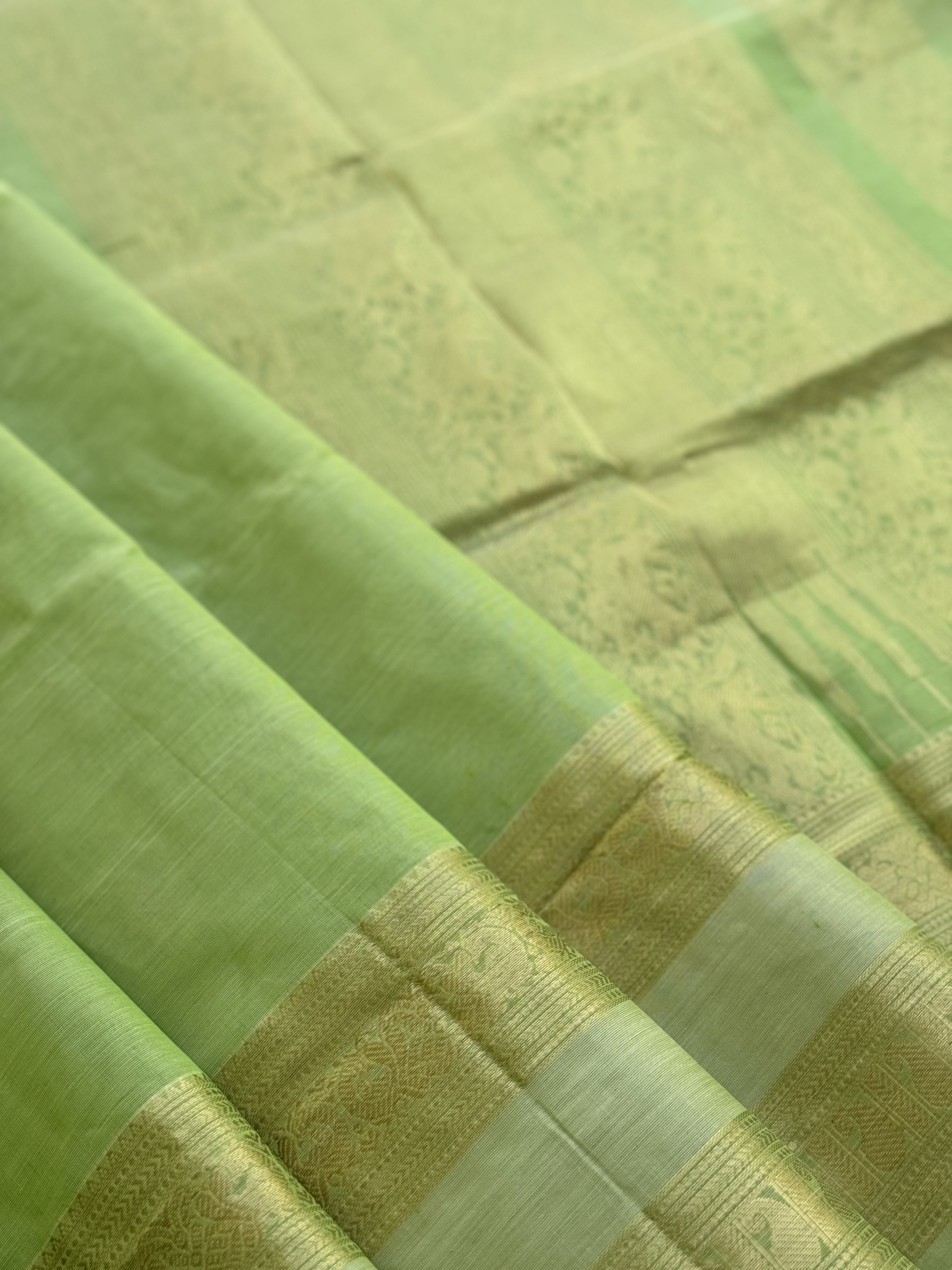 A gorgeous Chartreuse green kanchi silk cotton saree