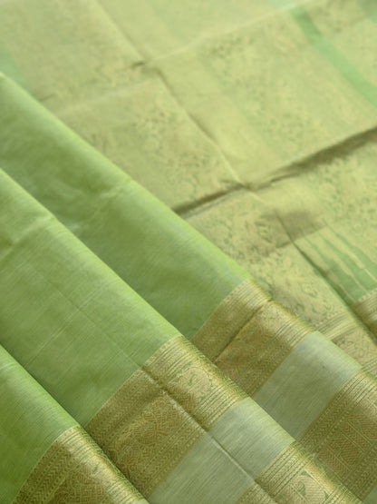 A gorgeous Chartreuse green kanchi silk cotton saree