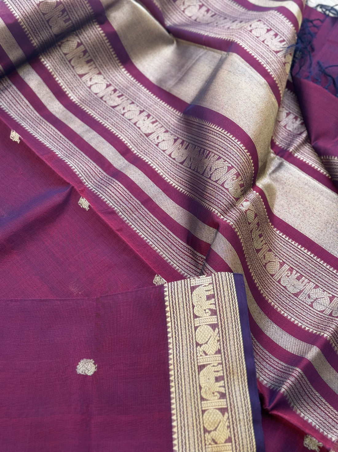 A beautiful burgundy shade kanchi silk cotton saree