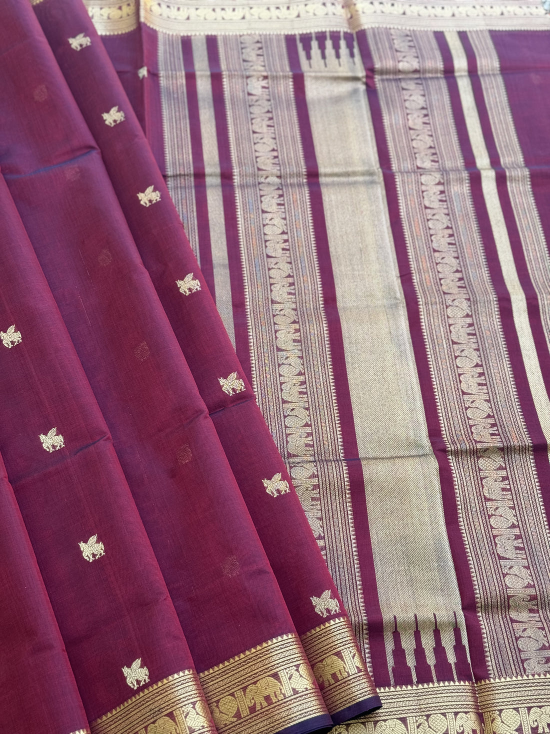 A beautiful burgundy shade kanchi silk cotton saree
