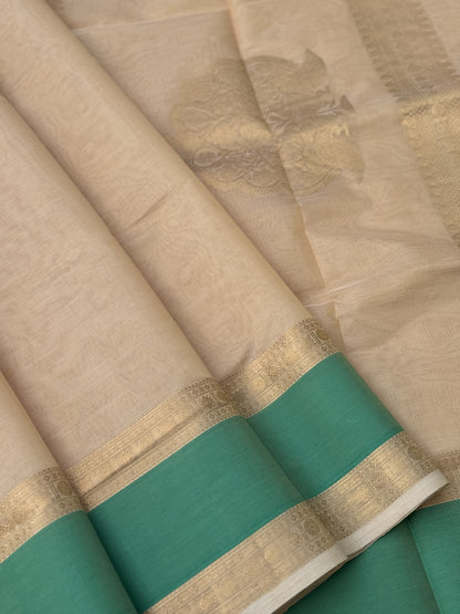 A gorgeous ivory gold shade handwoven Kanchi  silk cotton saree