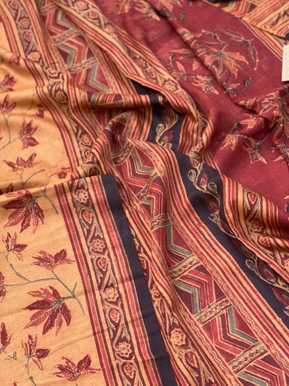 Natural Dyed Ajrakh Double Resist Print Silk Saree