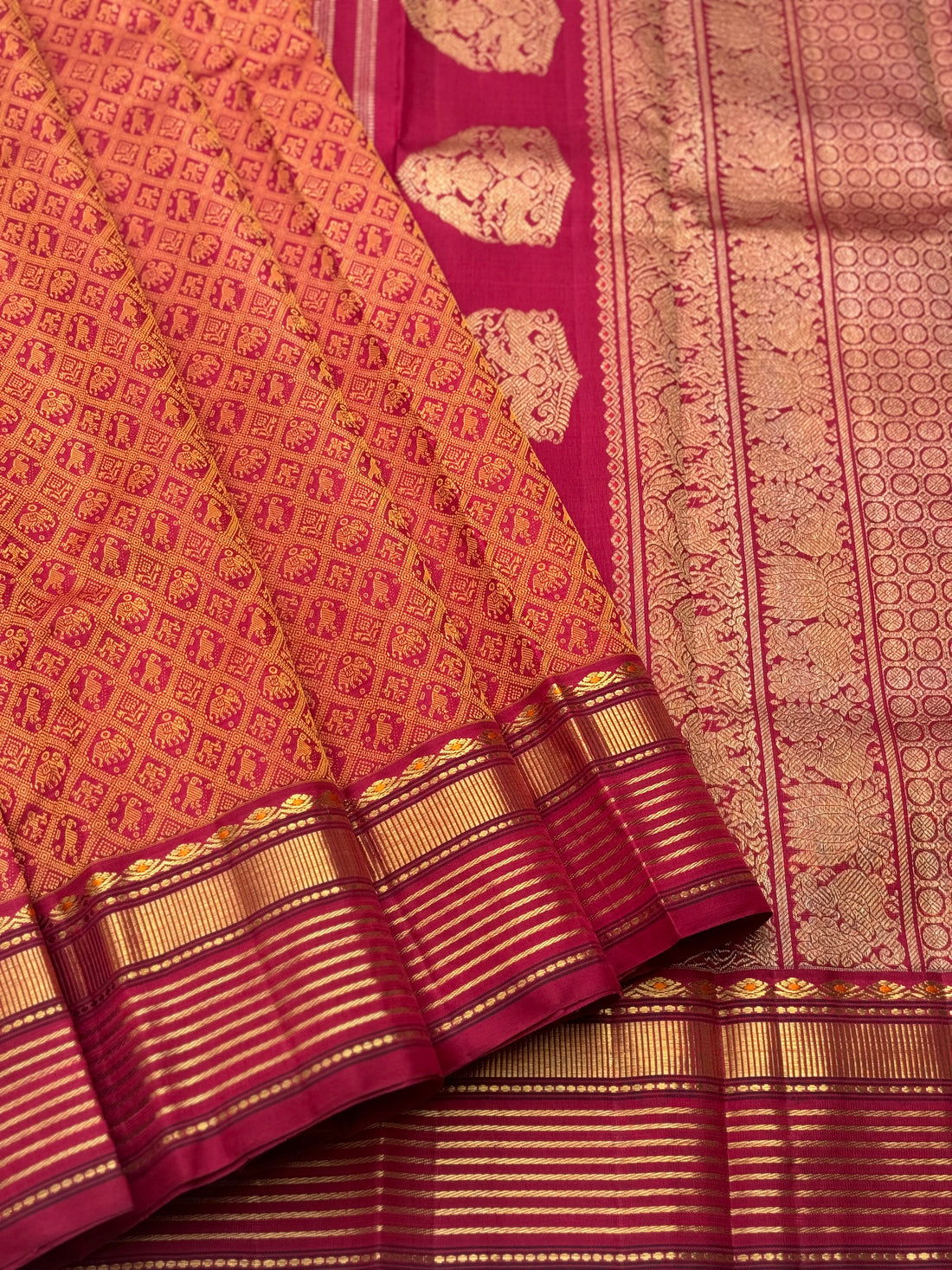 A gorgeous masterpiece in a very unique betel nut shade with arakku kanchivaram silk saree