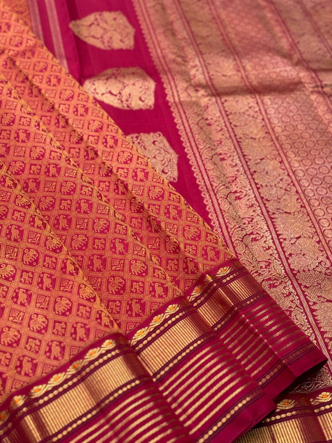 A gorgeous masterpiece in a very unique betel nut shade with arakku kanchivaram silk saree
