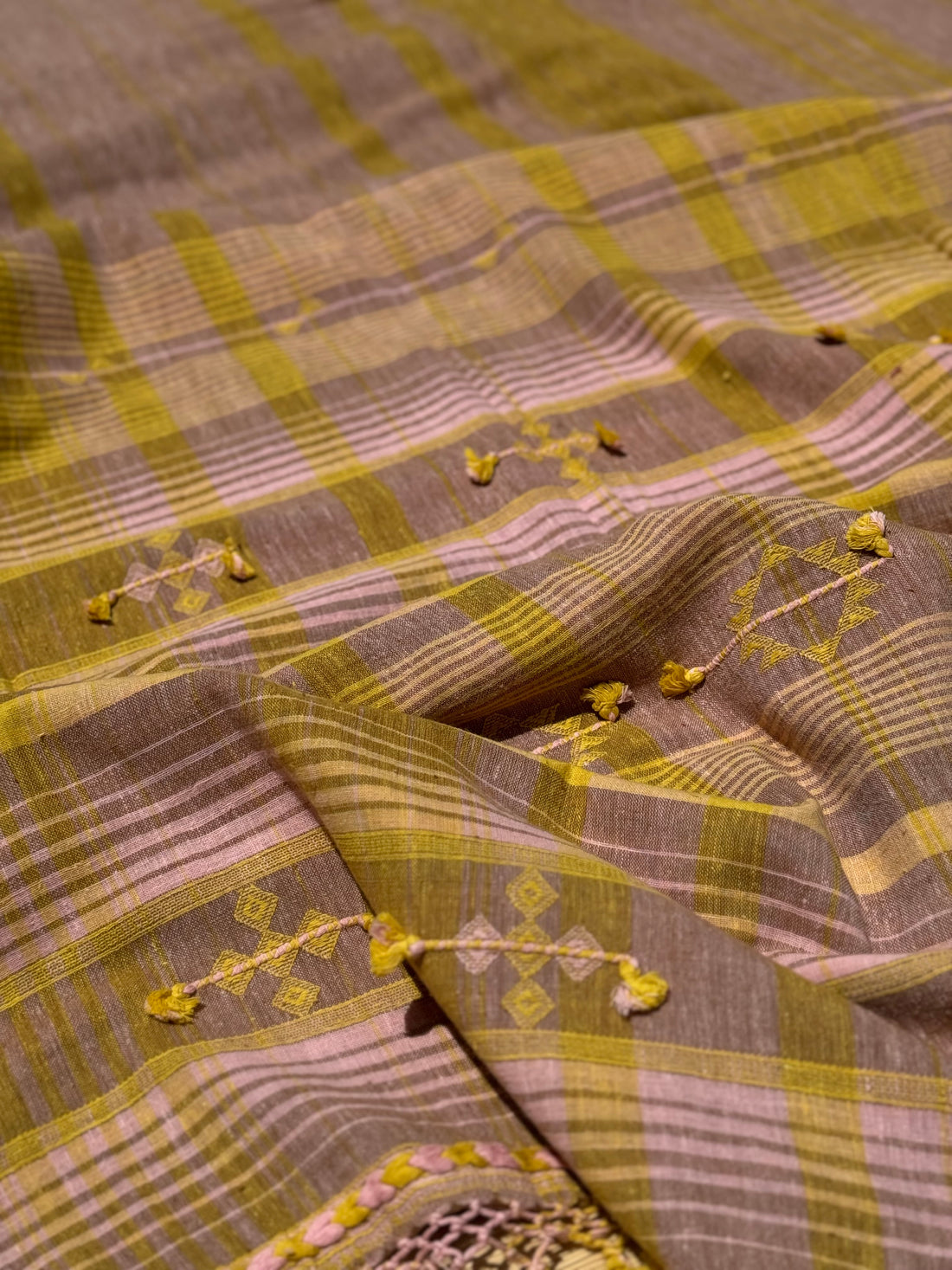 Handwoven Kala cotton bhujodi saree mustard yellow with mauve