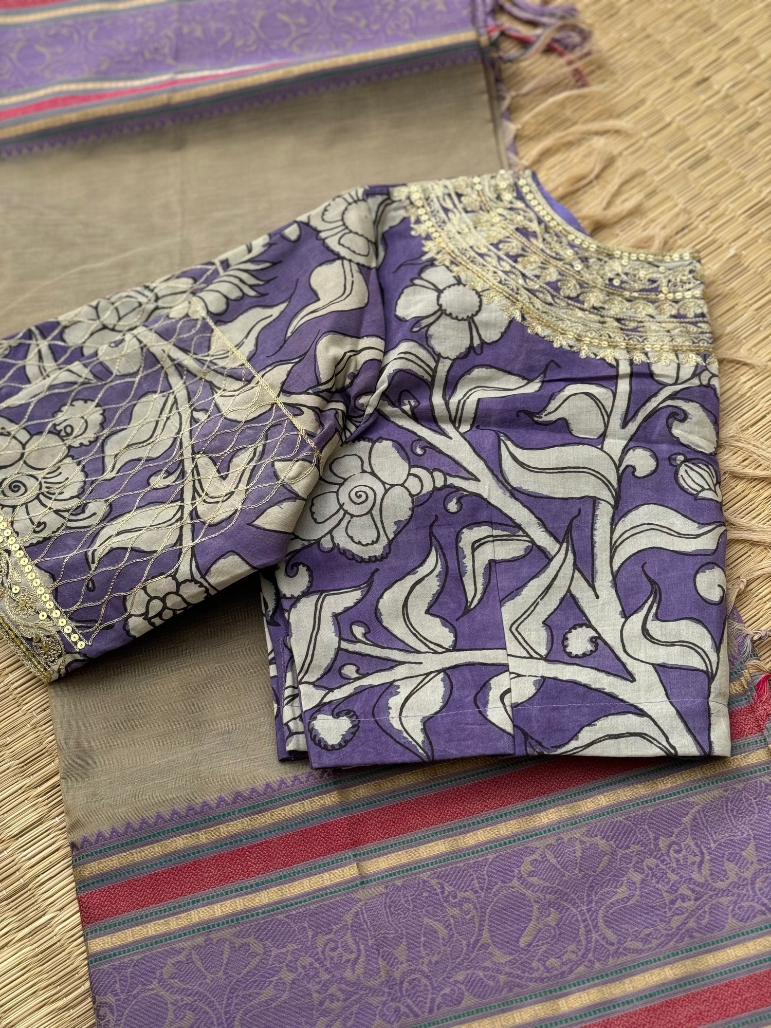 Lilac shade handdrawn hand painted penkalamkari silk designer blouse