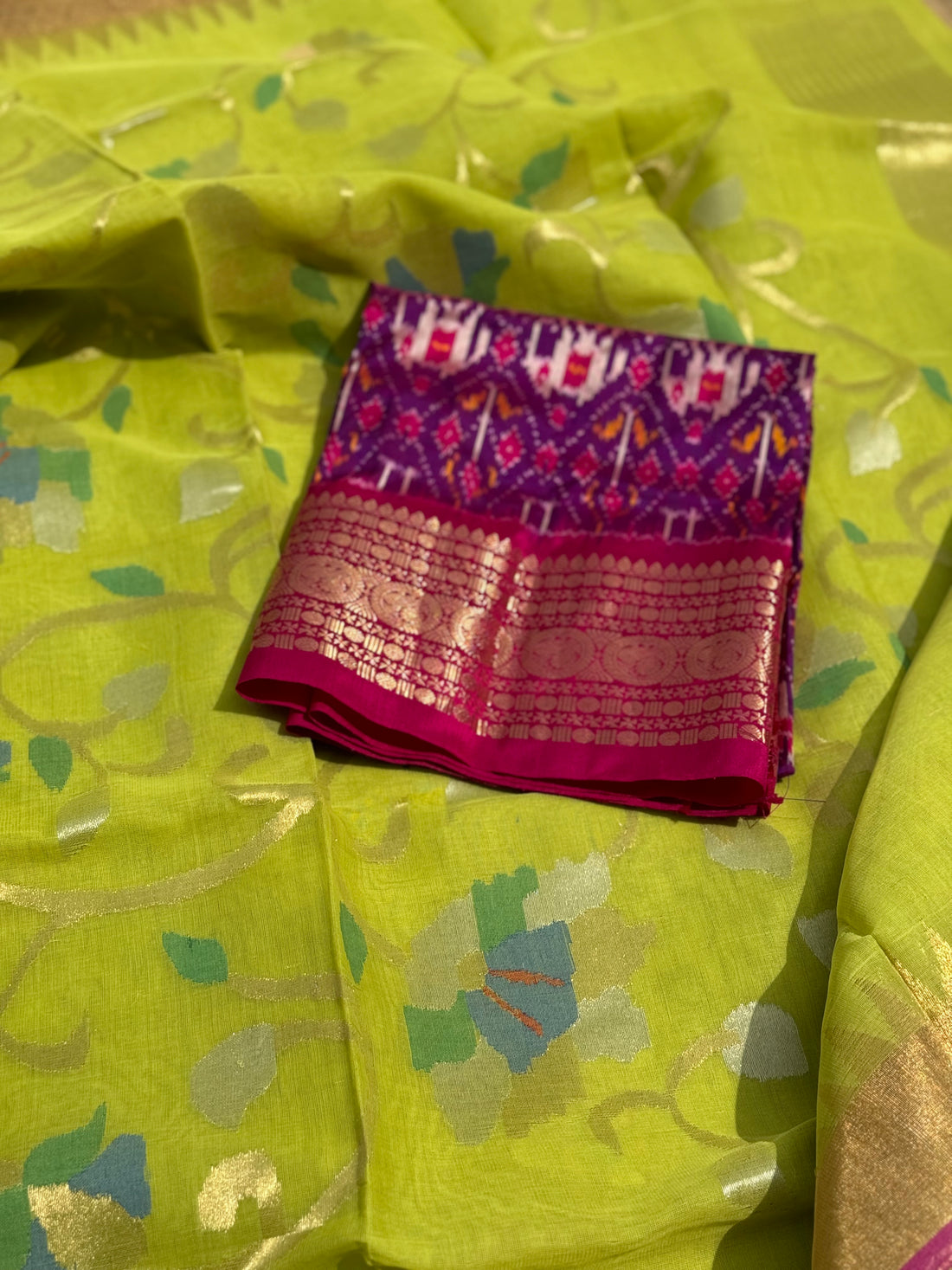 A gorgeous handspun ponduru Khadhi jamdani cotton saree in chartreuse green