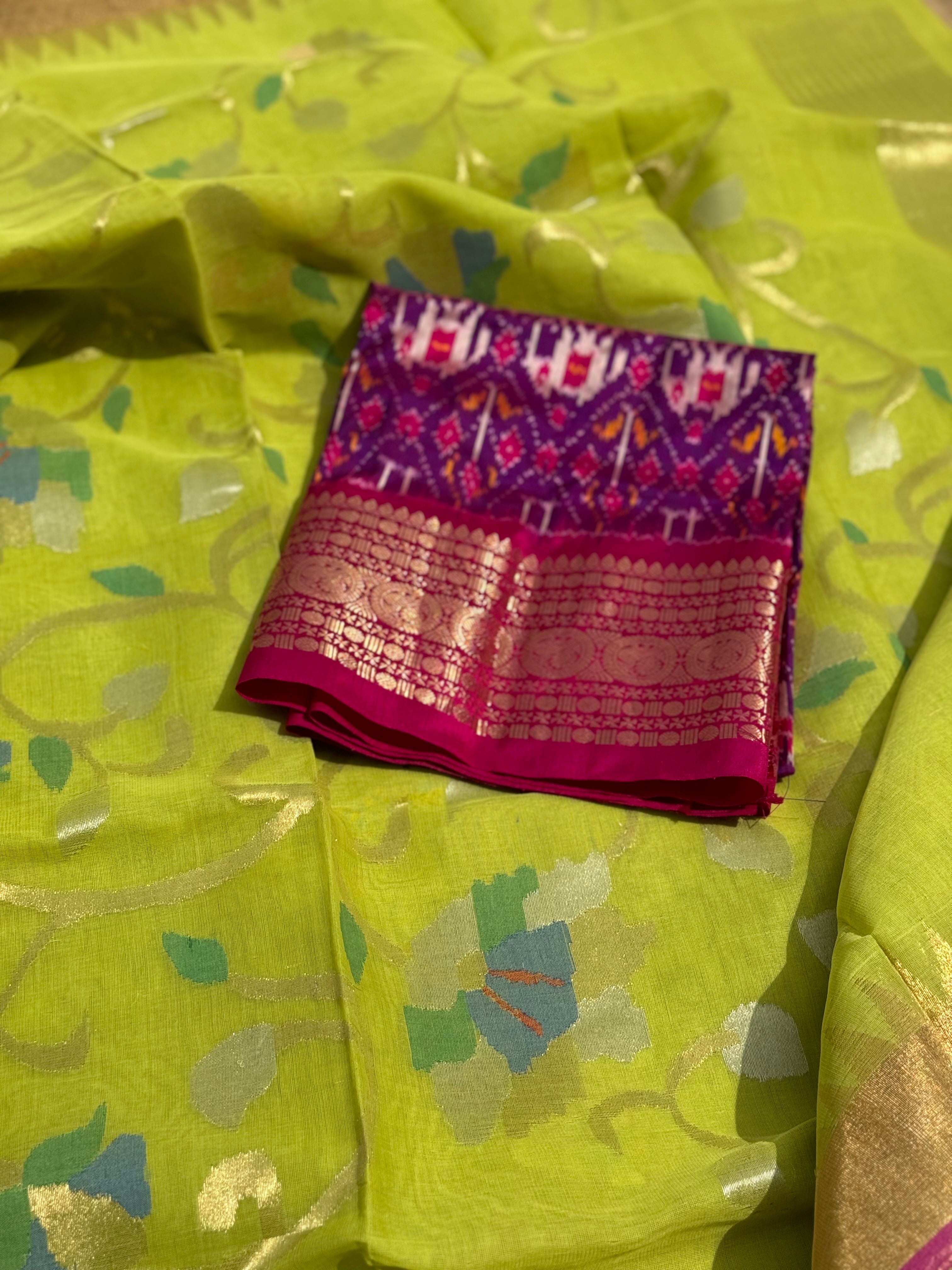 A gorgeous handspun ponduru Khadhi jamdani cotton saree in chartreuse green