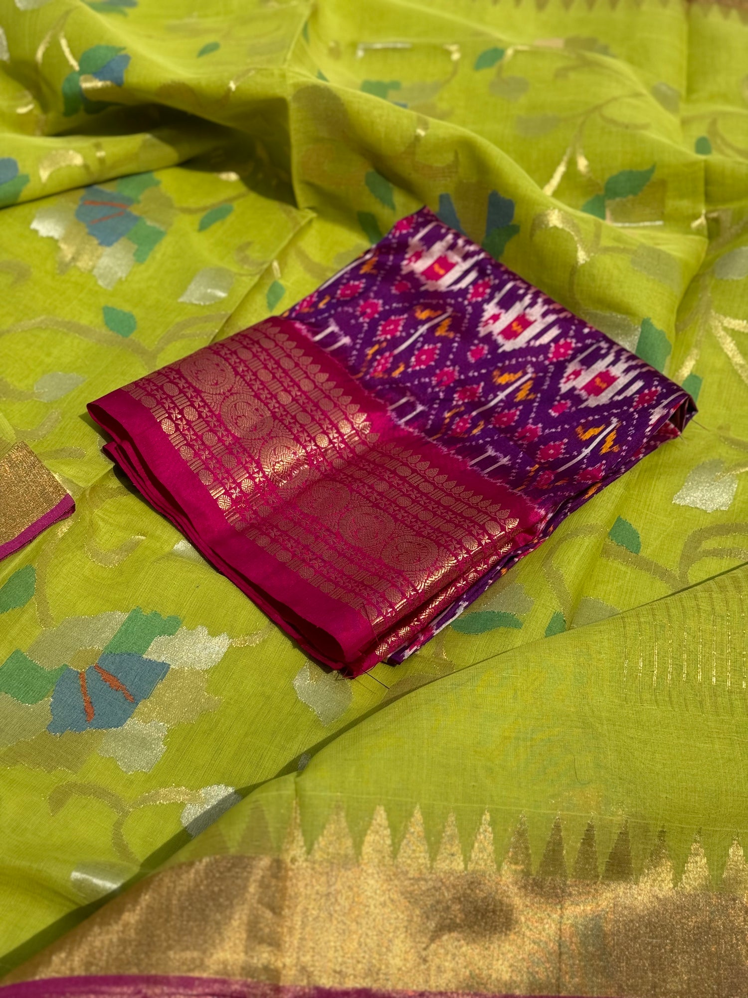 A gorgeous handspun ponduru Khadhi jamdani cotton saree in chartreuse green