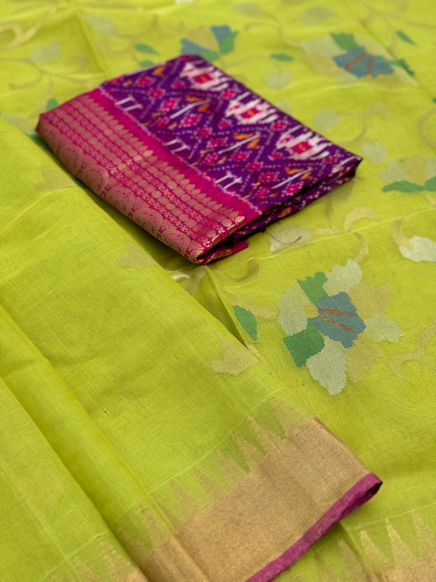 A gorgeous handspun ponduru Khadhi jamdani cotton saree in chartreuse green