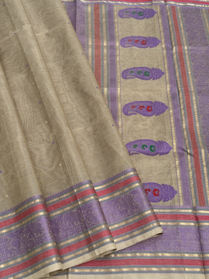 A gorgeous molten gold with lavender shade handwoven meenakari paisley buttas kanchi silk cotton saree