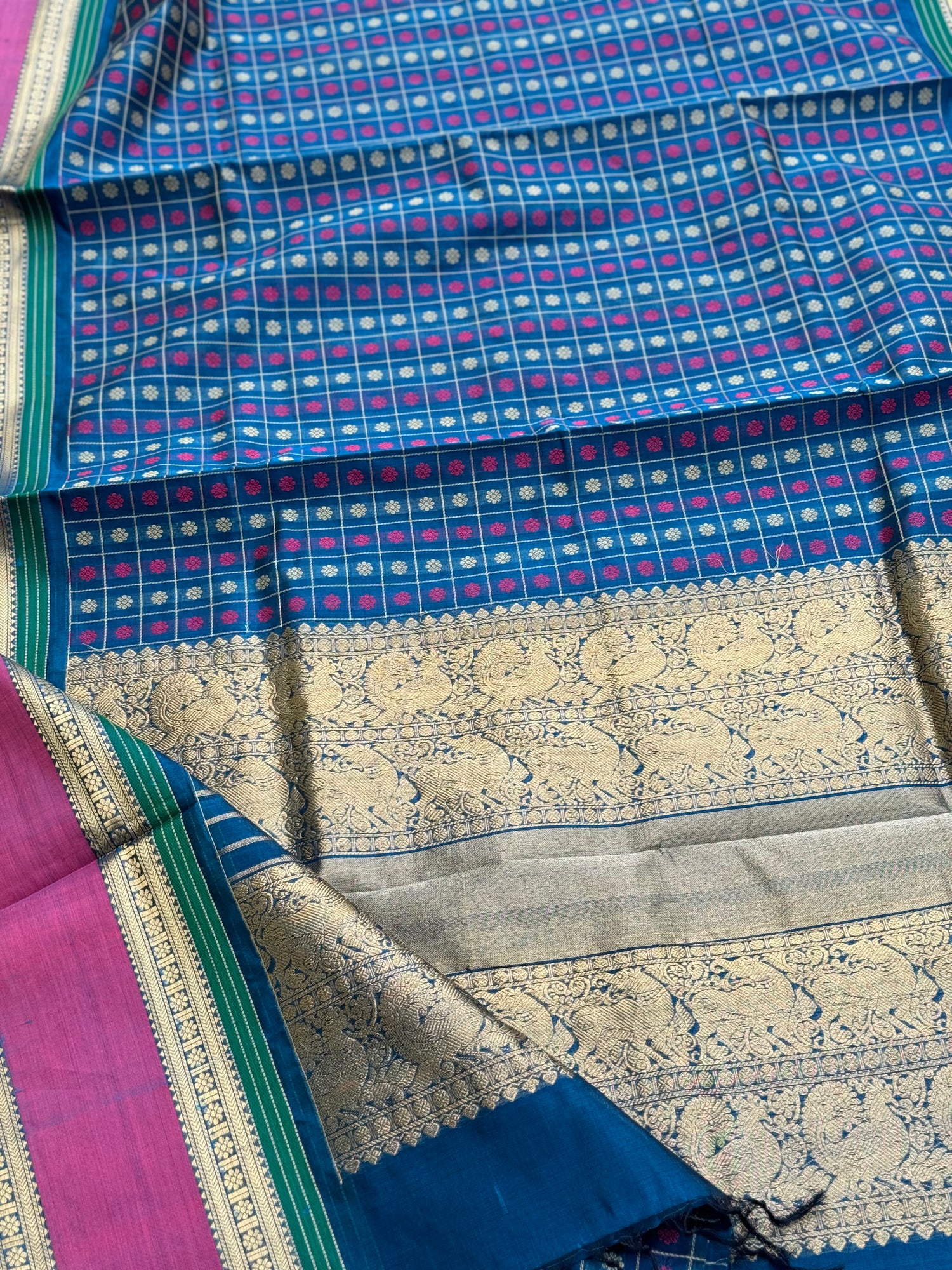 Peacock blue 1000 Buttas Kanchi silk Cotton Saree