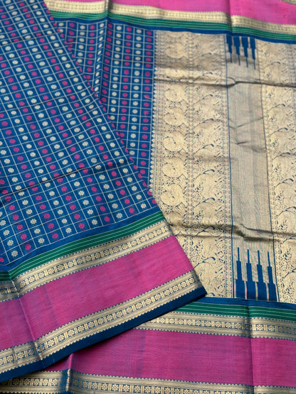 Peacock blue 1000 Buttas Kanchi silk Cotton Saree