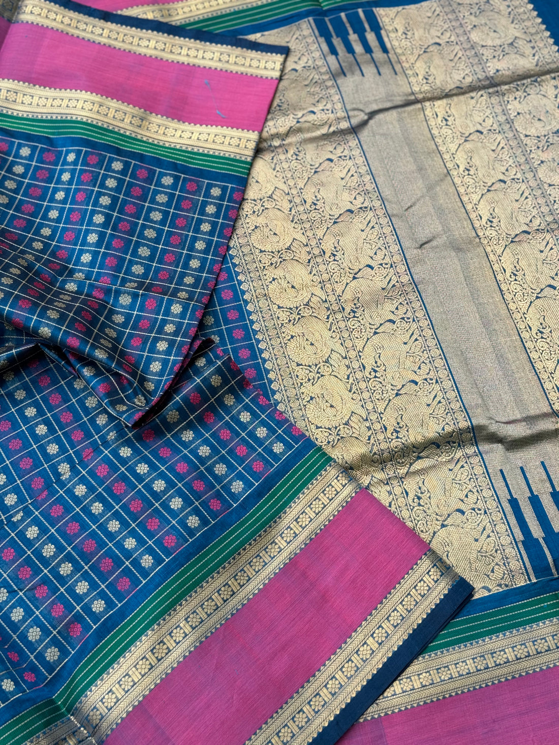 Peacock blue 1000 Buttas Kanchi silk Cotton Saree