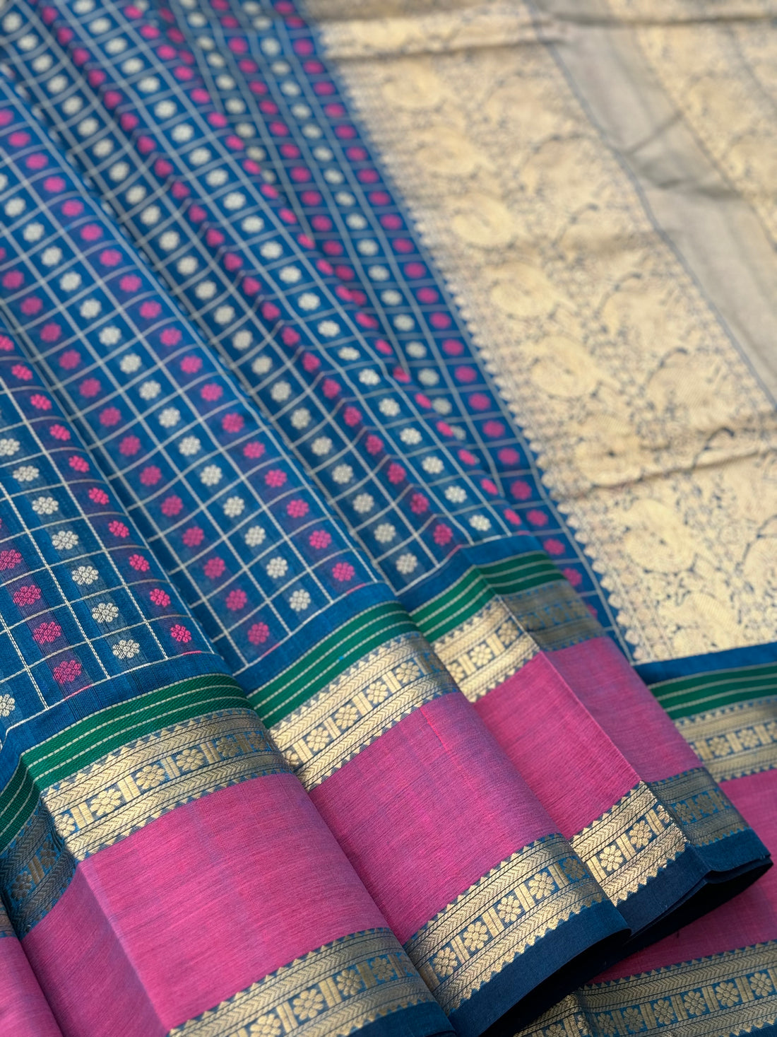 Peacock blue 1000 Buttas Kanchi silk Cotton Saree