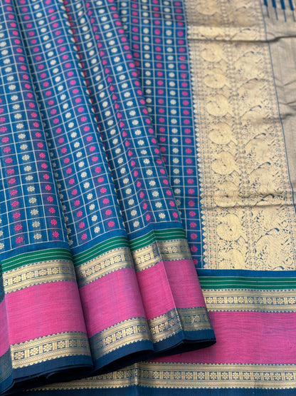 Peacock blue 1000 Buttas Kanchi silk Cotton Saree