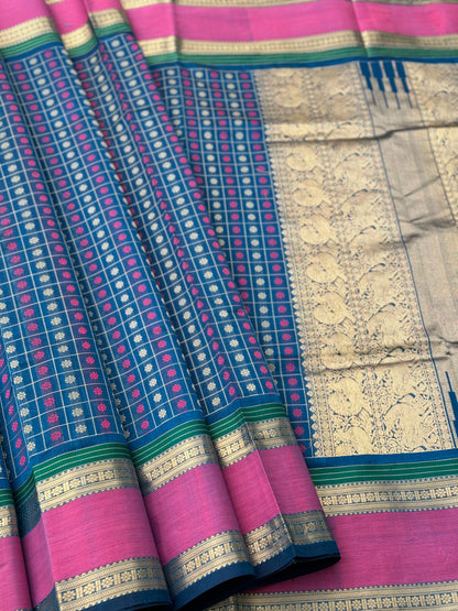 Peacock blue 1000 Buttas Kanchi silk Cotton Saree