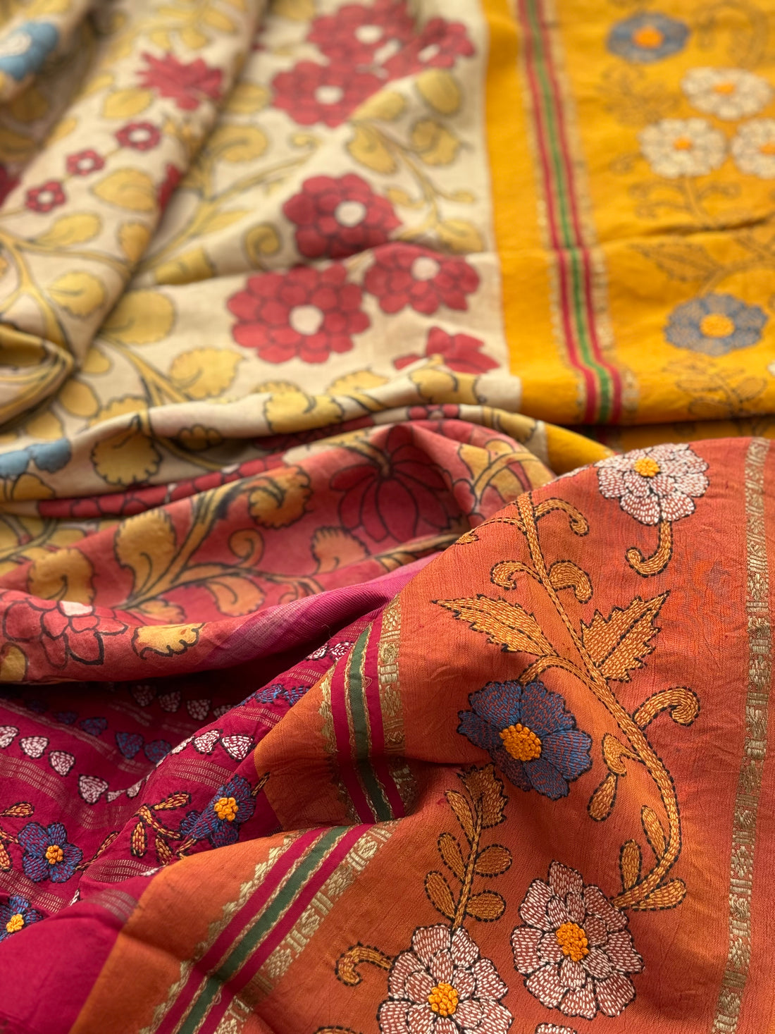 SPLIT PAYMENT PREORDER LINK 1 of 2 A  korvai kanchivaram silk saree with penkalamkari and handmade Katha embroidered work