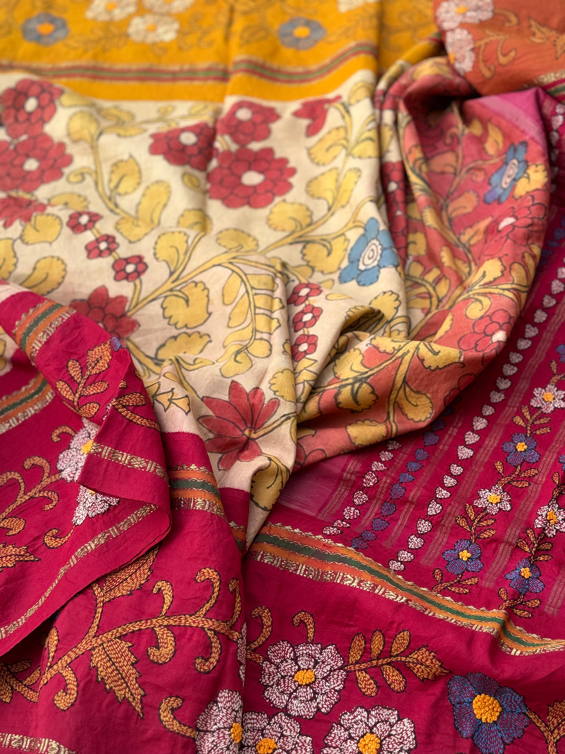 SPLIT PAYMENT PREORDER LINK 1 of 2 A  korvai kanchivaram silk saree with penkalamkari and handmade Katha embroidered work