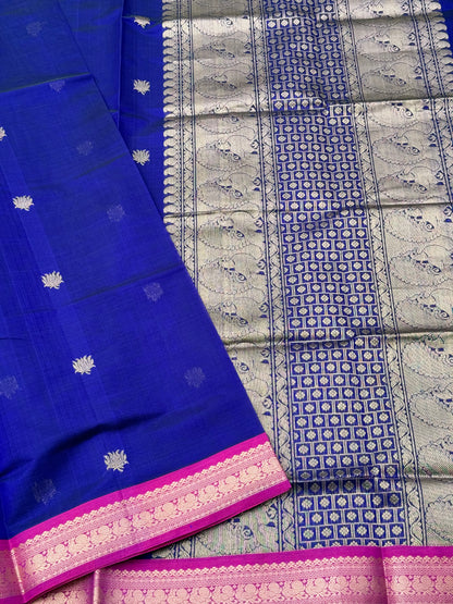 Royal blue shade handwoven lotus motifs Kanchi  silk cotton saree