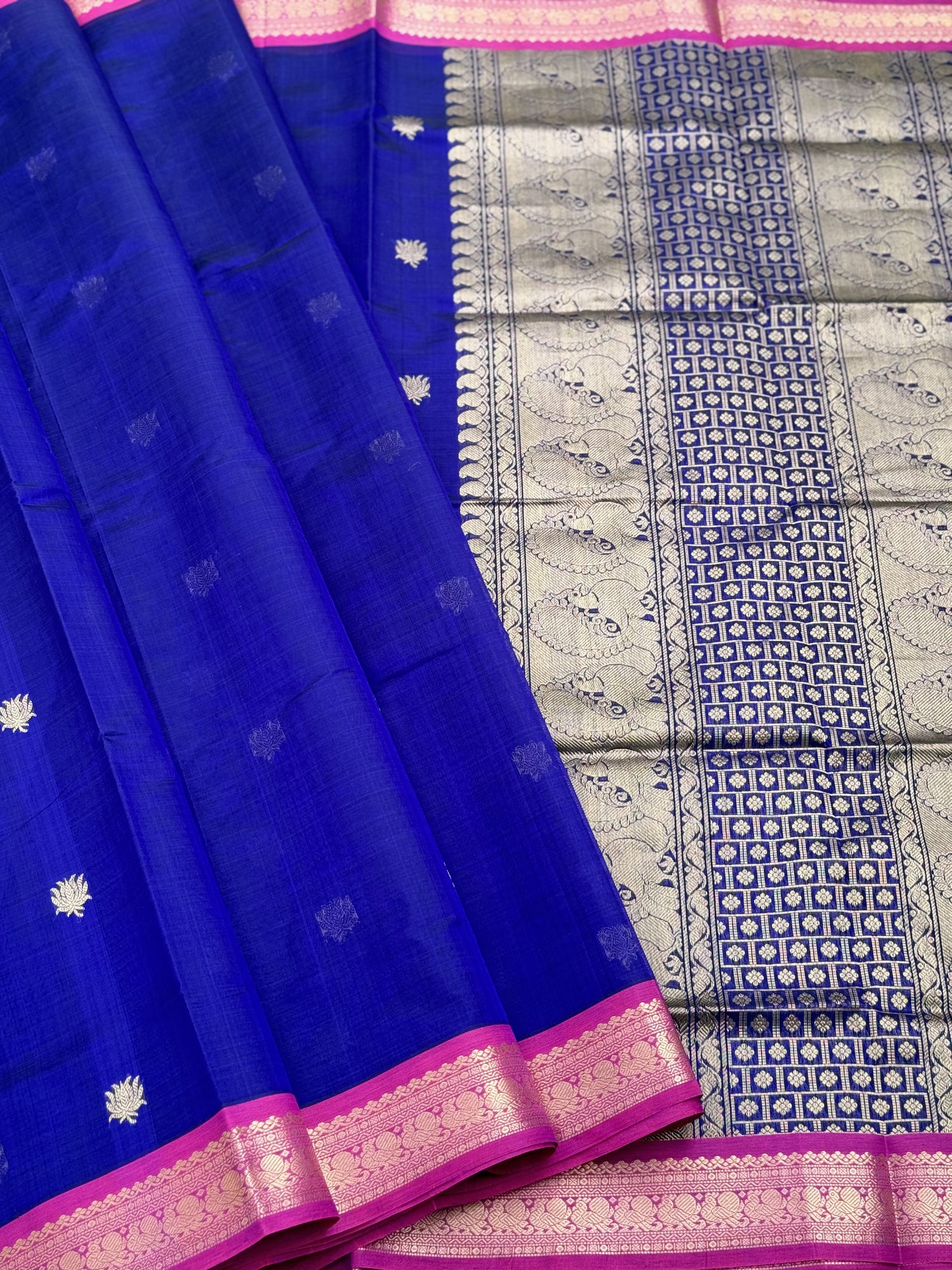 Royal blue shade handwoven lotus motifs Kanchi  silk cotton saree