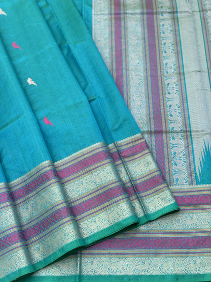 A gorgeous pastel seagreen shade handwoven Kanchi  silk cotton saree