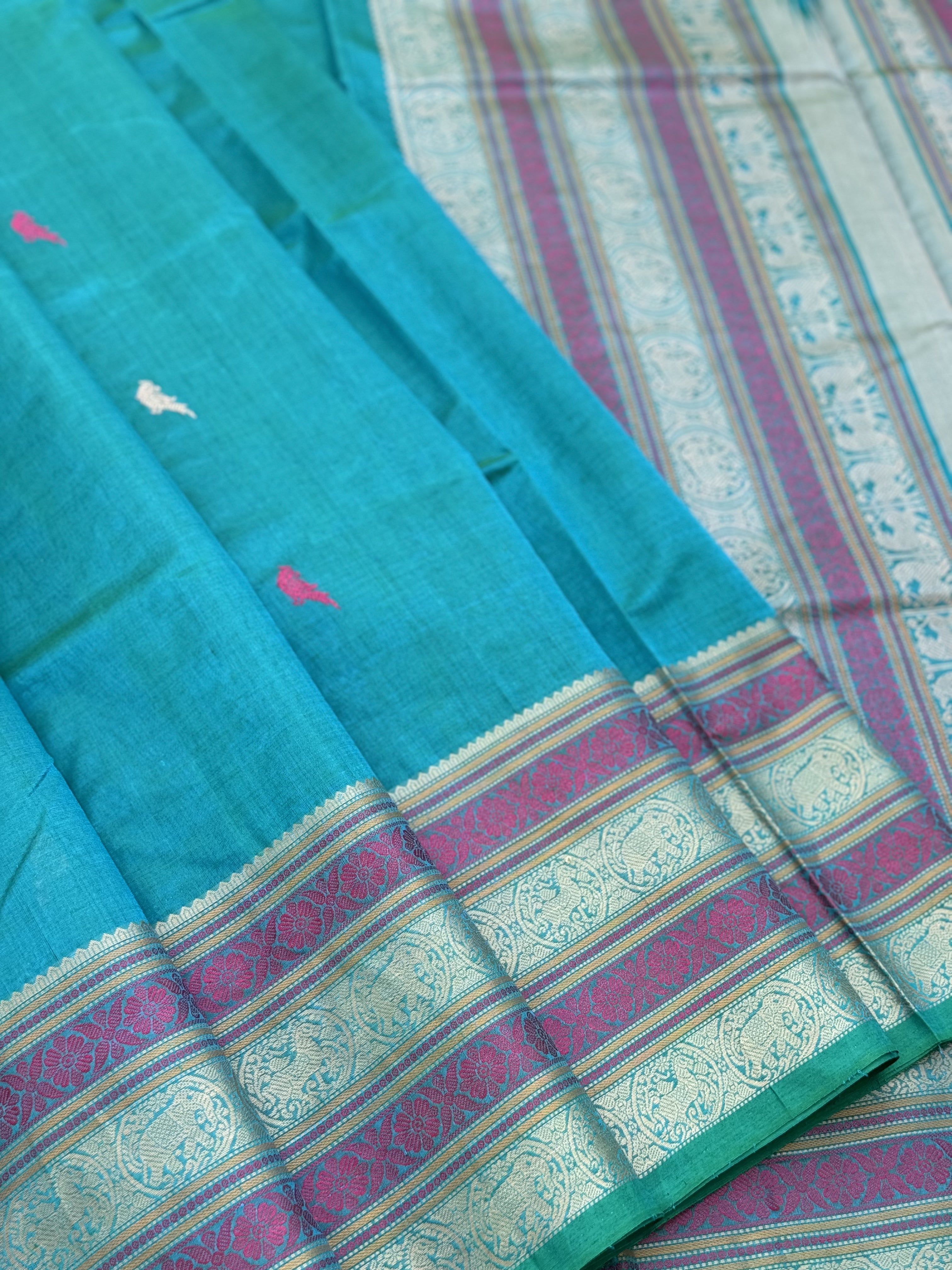 A gorgeous pastel seagreen shade handwoven Kanchi  silk cotton saree