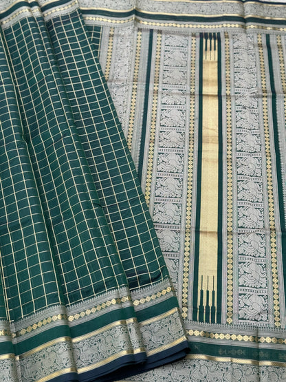 A gorgeous bottlegreen shade handwoven kattam Kanchi  silk cotton saree