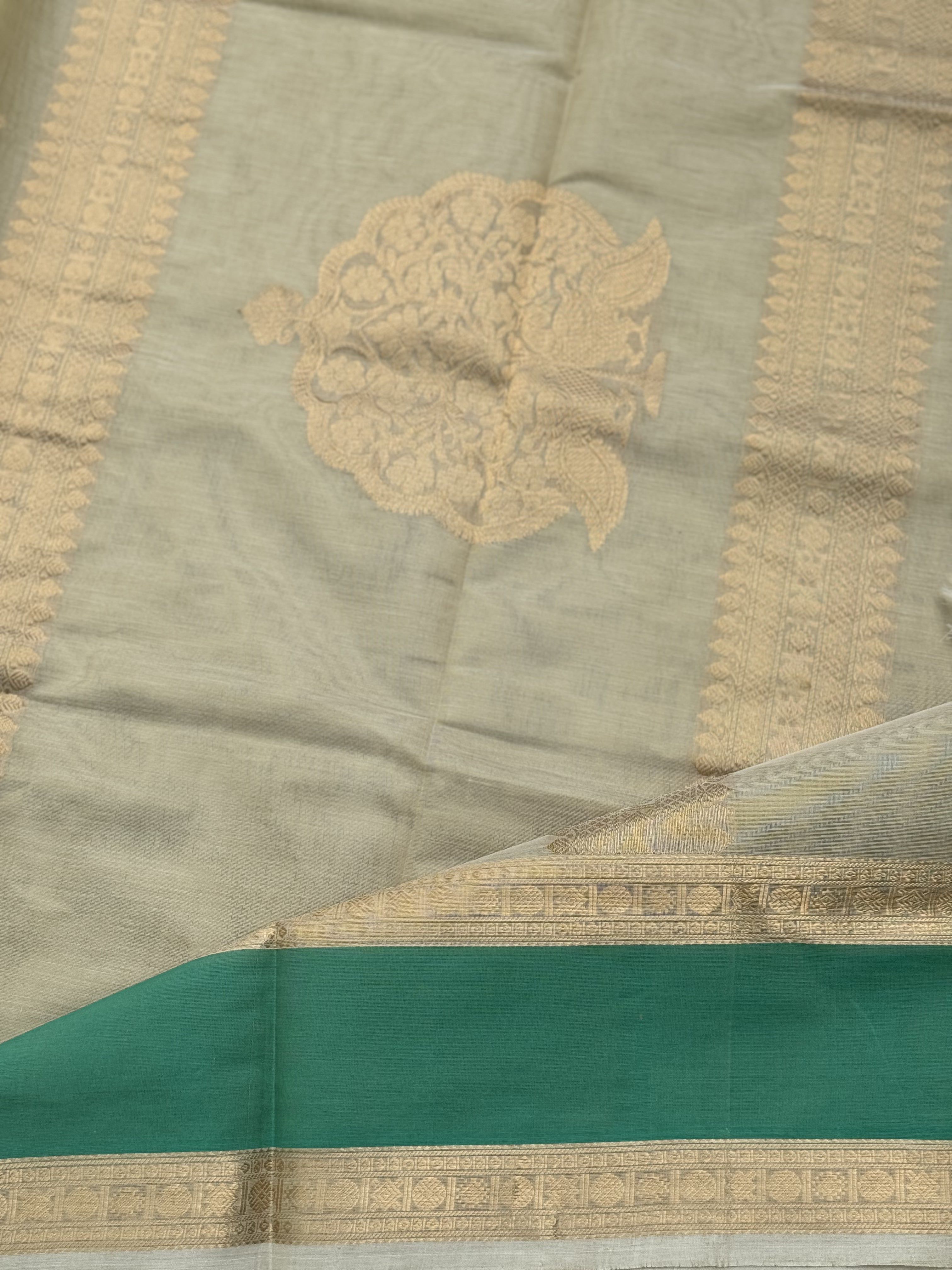 A gorgeous ivory gold shade handwoven Kanchi  silk cotton saree