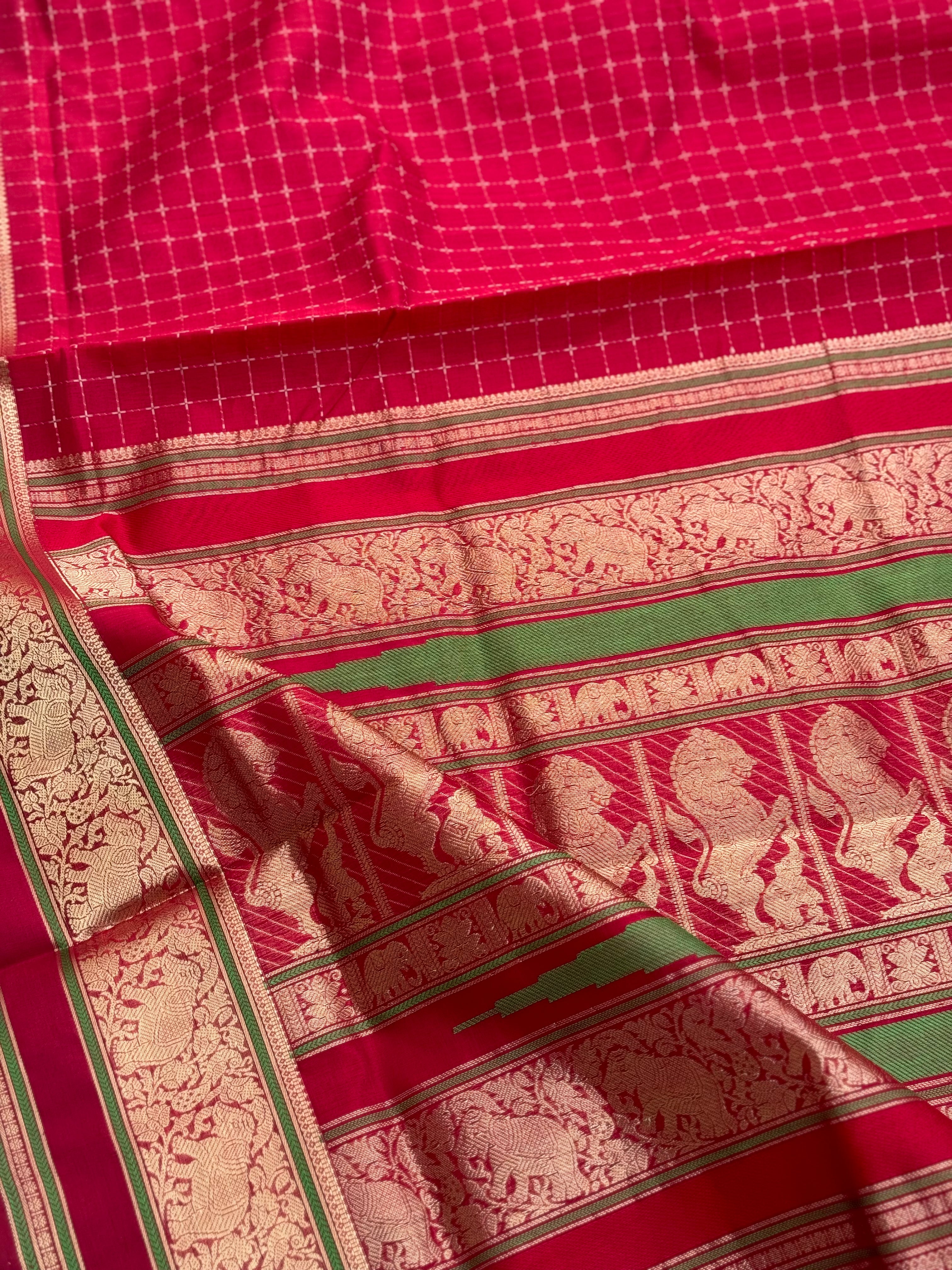 A gorgeous scarlet red shade handwoven plus buttas  silk cotton saree