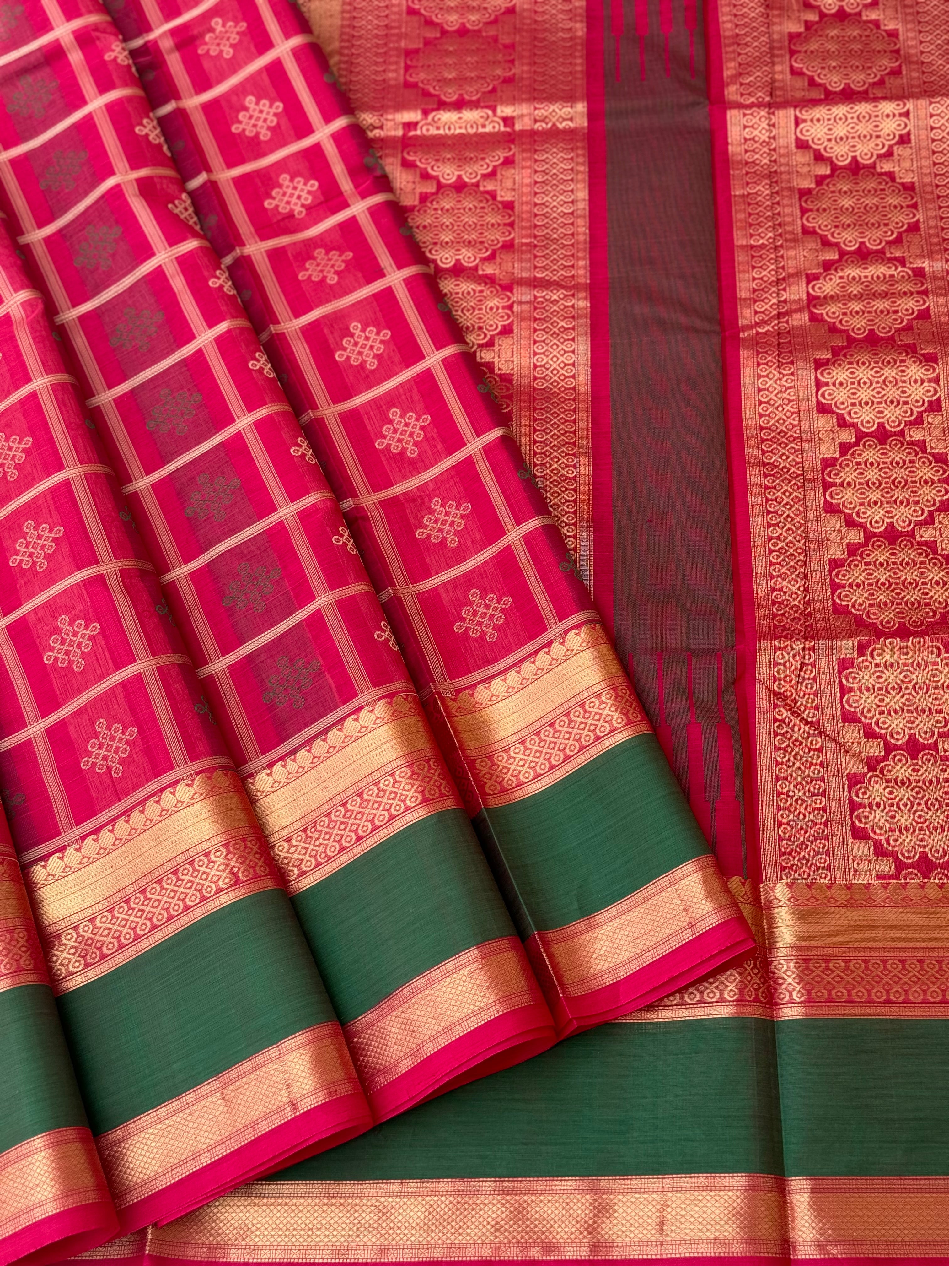 A gorgeous fuchsia pink shade handwoven kolam buttas  silk cotton saree