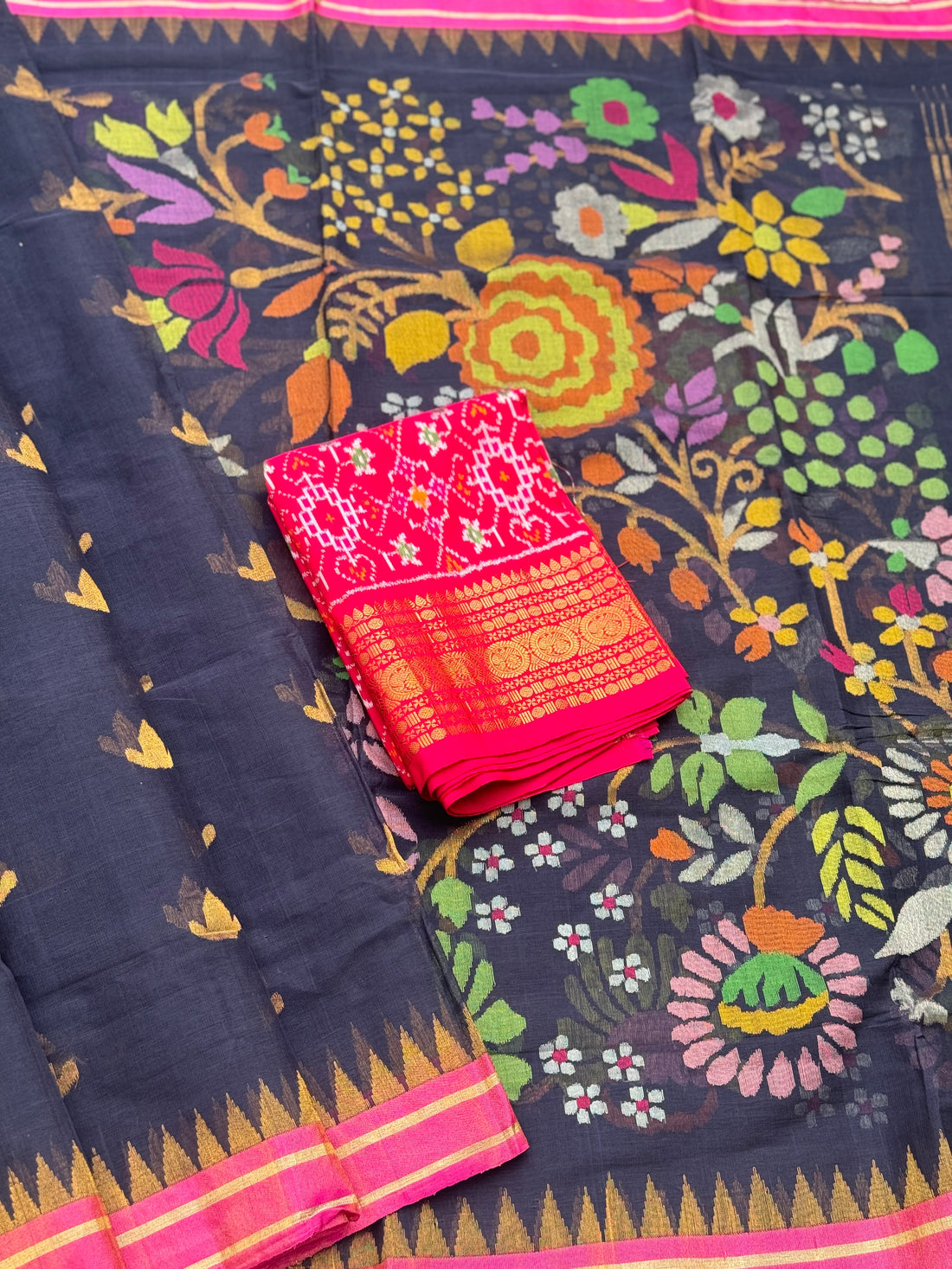 Handspun Ponduru Khadi cotton saree pallu and blouse full jaal jamdani saree