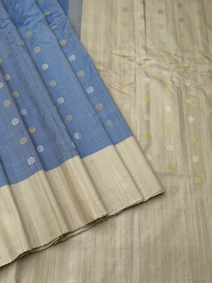 A gorgeous offwhite with powder blue temple border kuttu handwoven gadwal dupion raw silk saree