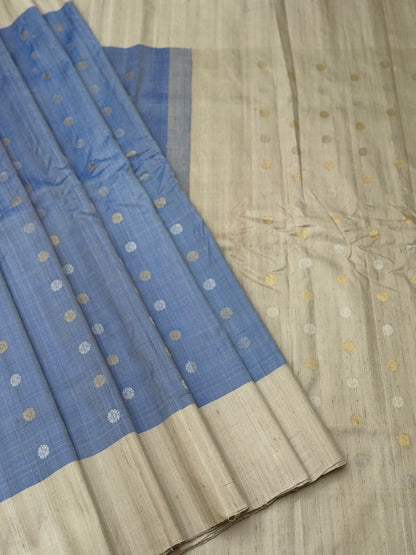 A gorgeous offwhite with powder blue temple border kuttu handwoven gadwal dupion raw silk saree