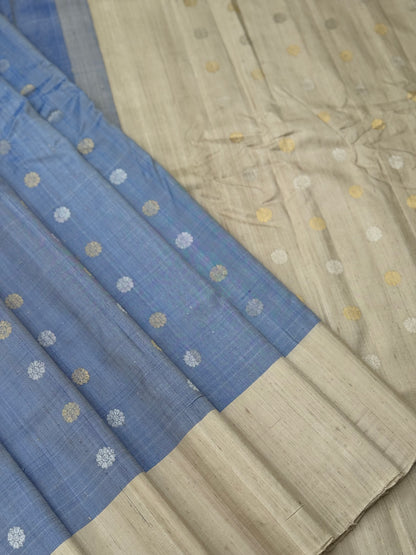 A gorgeous offwhite with powder blue temple border kuttu handwoven gadwal dupion raw silk saree